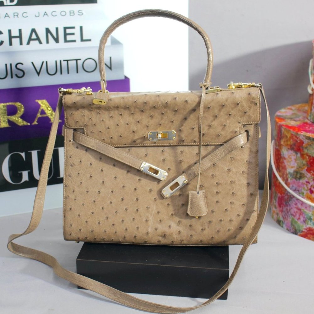 LORENZI MILANO Genuine Ostrich Leather Kelly Bag